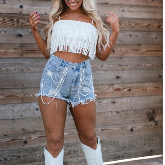 New Western Pearl Rhinestone Denim Shorts - Picture 5 of 8